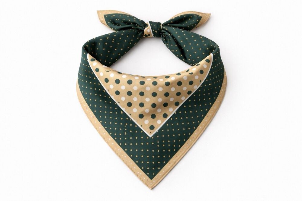 Vintage Italian Polka Dot Scarf Green Tan Neckerchief Bandana Retro 22” Square